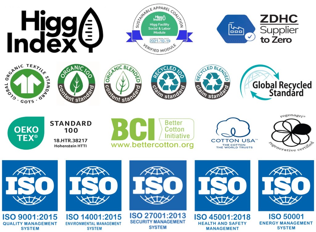 Atlas Denim sertifikaları: Higg Index, GOTS, OEKO-TEX, BCI, Cotton USA, ISO 9001, ISO 14001, ISO 27001, ISO 45001, ISO 50001 ve diğer standartlar